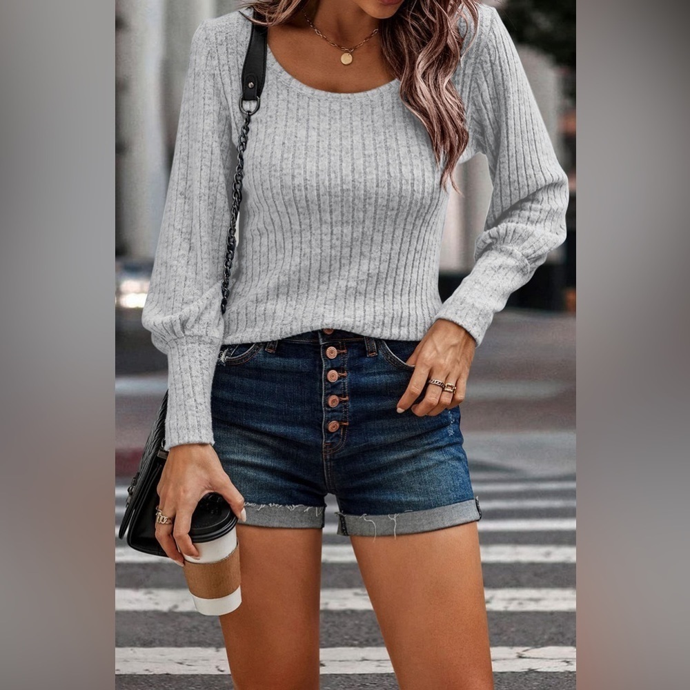 Textured Comfort Ribbed Puff Sleeve Sweater